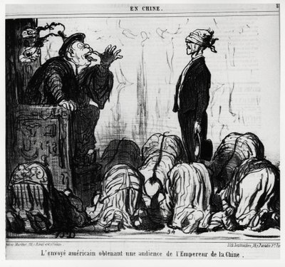 美国特使得到中国皇帝的接见。在《中国》系列中，由Honore Daumier（1808-1879）绘制的插图，发表在《Charivari》上，日期为10月21日。 作者 奥诺雷·杜米埃