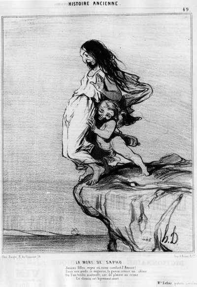 萨波（Sappho）之死。"年轻的女士，请看或引导我们的爱!在我们的脚下如此可爱，gueux挖了一个abime，否则我们很容易摔倒；因为从快乐到犯罪的路很短。"古代史》系列，Honore Daumier（1808-1879）的漫画作品 作者 奥诺雷·杜米埃