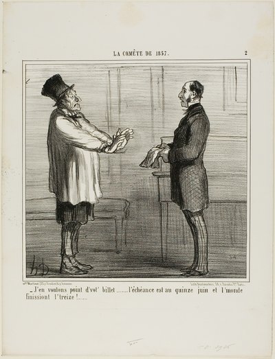 "我不想要你的积分......有效期是 6 月 15 日，而世界末日应该是 13 日，"《1857 年的喜剧》第 2 版 作者 奥诺雷·维克托林·杜米埃
