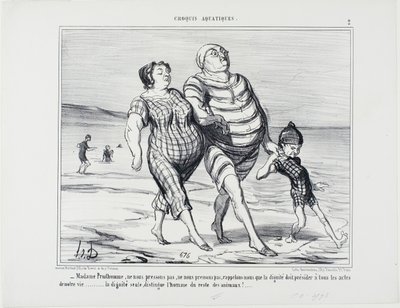"普吕德霍姆夫人，让我们不要着急，让我们回想一下，尊严应该主导所有的生活行为......只有尊严才能将人与其他动物区分开来，"《Croquis Aquatiques》图版 2 作者 奥诺雷·维克托林·杜米埃