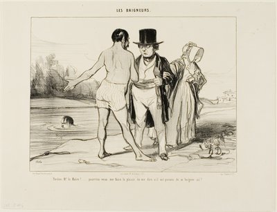 "对不起，Mayor....，请您告诉我这里是否允许游泳？"《Les Baigneurs》第 25 版 作者 奥诺雷·维克托林·杜米埃