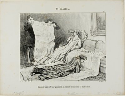 订户为应付报纸而焦头烂额》，图版 115，选自《Actualités》。 作者 奥诺雷·维克托林·杜米埃