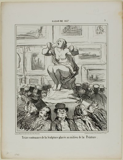 画展中间摆放雕塑的不快》，1857 年沙龙展图版 5 作者 奥诺雷·维克托林·杜米埃