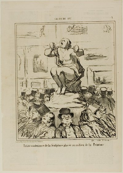 画展中间摆放雕塑的不快》，1857 年沙龙展图版 5 作者 奥诺雷·维克托林·杜米埃