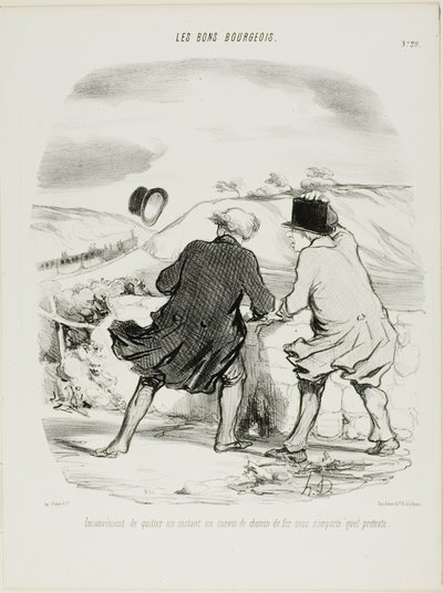 以任何借口离开火车，哪怕只是片刻的不便，《Les Bons Bourgeois》第 29 版 作者 奥诺雷·维克托林·杜米埃
