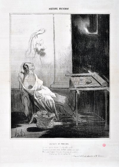 Honore Daumier (1808-1879)的艺术作品《Charivari》可追溯到1842年：Serie HISTORIE ANCIE Les Nuits de Penelope "从她缺席的宠爱中，可爱的轮廓，永远闪耀着她甜美的眼睛，像一颗星星，旨在编织三年，他的狡猾和他的帆布。 作者 奥诺雷·杜米埃