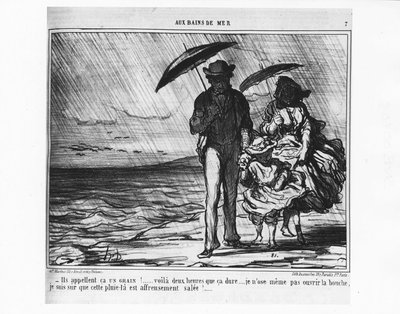 在海水浴场：在倾盆大雨中的海边巴黎人 - 杜米埃 (Daumier)，在 1859 年 9 月 19 日的“Charivari”中。 作者 奥诺雷·杜米埃