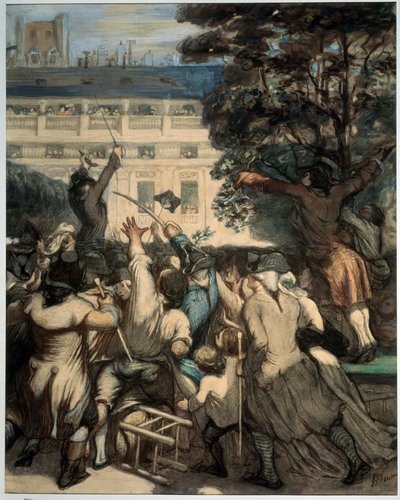 "卡米尔-德穆兰（Camille Desmoulins，1760-1794 年）在王宫花园向爱国者发表演说" 法国大革命在巴黎的第一幕：1789 年 7 月 12 日，雅克-内克尔被国王解职后，卡米尔-德穆兰在王宫向群众发表演说。 作者 奥诺雷·杜米埃