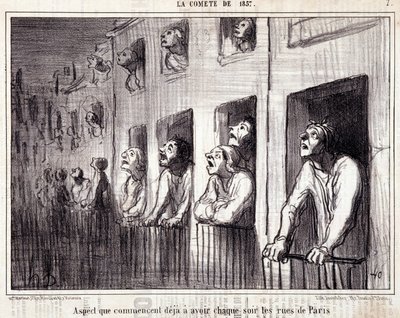 关于科学的漫画。1857年的 "科米特 "系列。"已经开始在巴黎的街道上每天晚上都有的方面"。Honore DAUMIER (1808-1879)的版画。摘自报纸 "Le Charivari"。尺寸为38x25厘米。Inv D - box 7 Marseille, 作者 奥诺雷·杜米埃