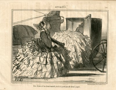 Le Charivari, B & W的讽刺文章，约1855_5_11: 新闻n*190。半个世界的女士们，但不是裙子。- 时尚、交通、衬衣--Honore Daumier（1808-1879）的女性插图 作者 奥诺雷·杜米埃