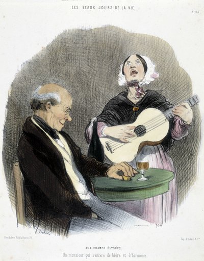 在歌手的陪伴下喝酒的男人 - 奥诺雷·杜米埃 (Honoré Daumier) 的“Les Beaux Days de la vie” 作者 奥诺雷·杜米埃