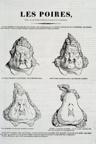 梨子：漫画代表路易菲利普梨形脸的变形。 奥诺雷·杜米埃 (1808-1879) 在查尔斯·菲利普 (1806-1862) 原作《漫画》之后绘制，1832 年 1 月巴黎，卡纳瓦莱博物馆 作者 奥诺雷·杜米埃
