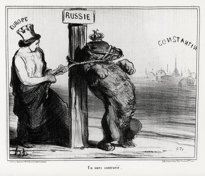 俄罗斯：（被欧洲）打乱的熊。1854年3月，法国和英国与土耳其结成联盟，共同对抗俄国。 插图：霍诺尔-道米埃（1808-1879），发表在新闻 "Charivari "上。 作者 奥诺雷·杜米埃