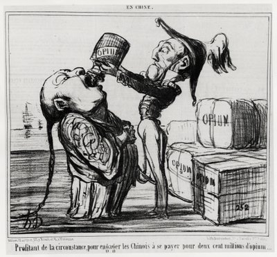第二次鸦片战争（1856-1860）：1858 年，中国政府同意将鸦片贸易合法化。 《借机让中国人买两亿鸦片》，《中国》系列，奥诺雷·杜米埃插画（1 作者 奥诺雷·杜米埃