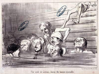 "Les Bains de Mer "系列。"水生素描。一所游泳学校，一个有理智的人的游泳池"。Honore DAUMIER (1808-1879)的版画。摘自报纸 "Le Charivari" 作者 奥诺雷·杜米埃