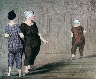 系列 "沐浴者"，两位身着泳装的女士审视着另一位女士的剪裁，漫画，作者霍诺尔-多米耶（1808-1879 年），1844 年（沐浴者：两位身着泳装的女士，上下打量着另一位女士的腰部），私人收藏 作者 奥诺雷·杜米埃