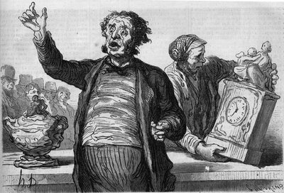 拍卖商的酒店：公共传令官。奥诺尔-杜米埃（1808-1879）的漫画。1月2日《世界画报》第551期上的版画。 作者 奥诺雷·杜米埃