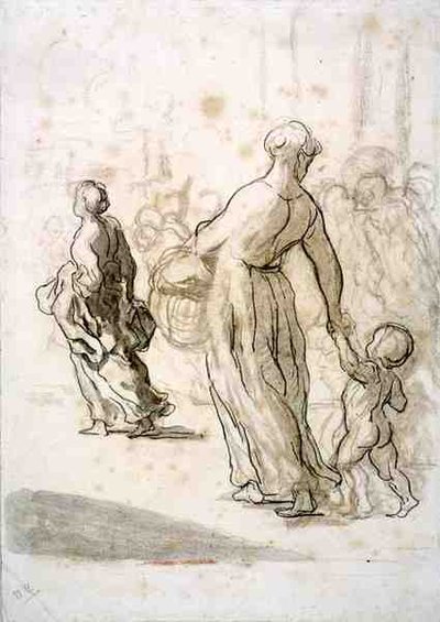 两个女人和一个孩子，约1848-50（粉笔、木炭和水粉，古色古香的铺纸）。 作者 奥诺雷·杜米埃