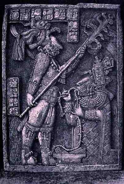 公元726年，Yaxchilan，23号寺庙雕刻的石楣，由克劳德 - 乔斯（Claude-Jos）向新世界的古代城市展示统治者盾捷豹和他的妻子辛克夫人进行放血仪式 作者 Chapuis之后的Honore