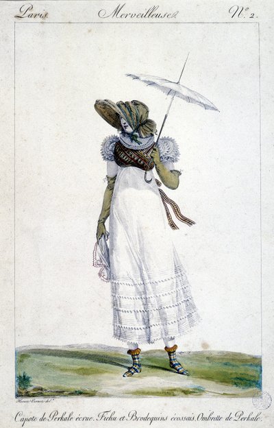 Fashion engraving by Horace Vernet (1789 - 1863), made around 1810 for “A Wonderful”, depicting a woman wearing an ecrue canopy, a bloody, tartan embroidery and an umbrella. 作者 埃米尔·让·霍勒斯·韦尔内