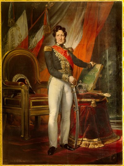 肖像 en pied de Louis Philippe 1er（1773-1850 年），持有 1830 年宪章的法国国王。国王身后的三色旗帜上写着“自由平等兄弟会”的座右铭。 Emile Jean Horace Vernet (1789-1863) 的绘画 作者 埃米尔·让·霍勒斯·韦尔内