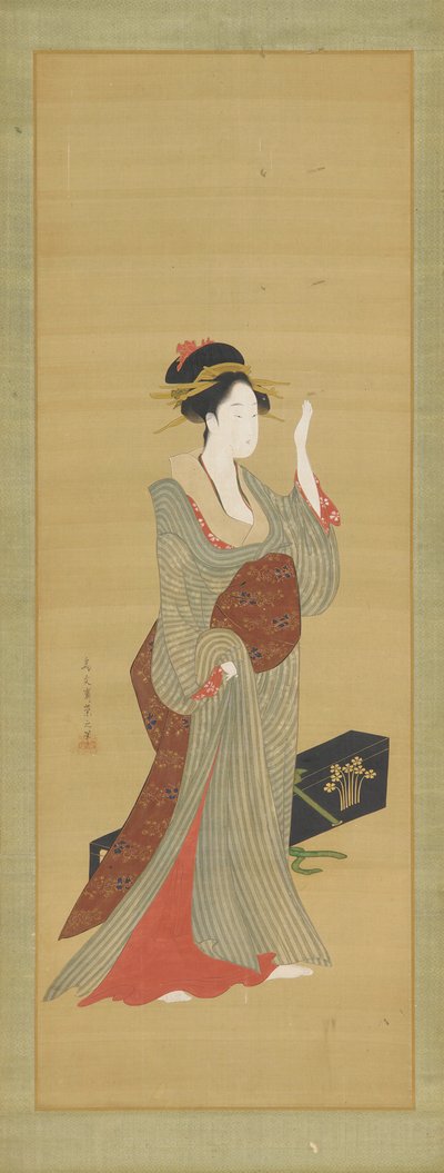 一个艺妓正在调整一个龟壳发卡，18世纪末。 作者 细田英史