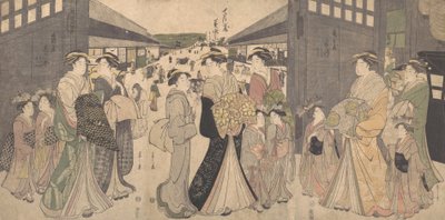 吉原大门前的花魁和侍者，约1794年。 作者 细田英史