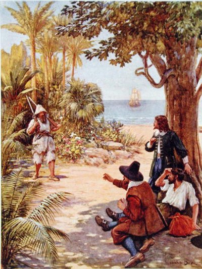 克鲁索出现在船长面前，丹尼尔·笛福 (1660-1731) 为《鲁滨逊漂流记》绘制的插图（彩色平版印刷） 作者 霍华德戴维