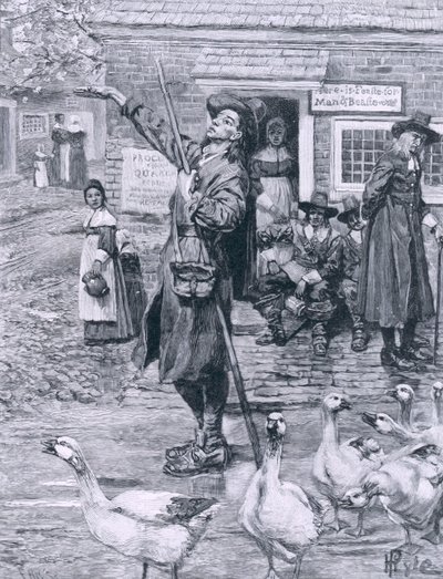新英格兰的贵格会劝导者，来自Thomas Wentworth Higginson，酒吧的“美国第二代英国人”的插图。在哈珀杂志，1883年 作者 霍华德·派尔