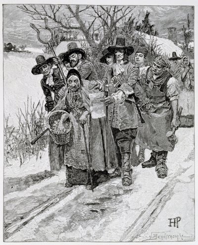 逮捕一个女巫，由J. Bernstrom雕刻，来自美国第二代英国人的插图由Thomas Wentworth Higginson，酒吧。在哈珀杂志，1883年 作者 霍华德·派尔