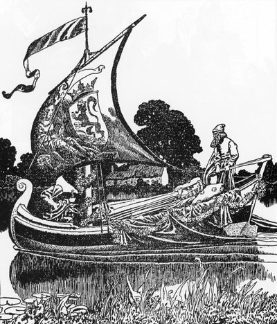 亚瑟王传奇：死者驳船带来了亚瑟王的尸体霍华德·派尔（Howard Pyle，1853-1911 年）绘制的插图，来自“兰斯洛特爵士和他的同伴们的故事”1907 年私人收藏 作者 霍华德·派尔