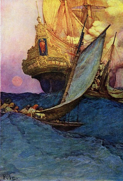 海盗袭击一艘大帆船。 美国插画家霍华德·派尔 (1853-1911) 所著的《西班牙美因海盗之书》(Buccaneers and Marooners) 作者 霍华德·派尔