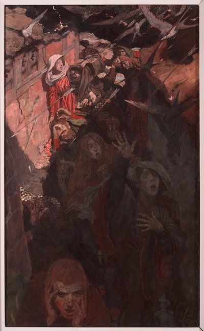 给屋顶树和床铺带来火光和恐怖，选自布雷特-哈特（1836-1902 年）的《西伦塞斯特的鸟儿》，发表于 1898 年 1 月的《斯克里布纳杂志》（纸上墨水和水粉画） 作者 霍华德·派尔