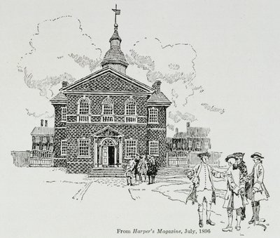 第一届和第二届大陆会议在费城举行的卡彭特大厅，哈珀杂志，1896年 作者 霍华德·派尔
