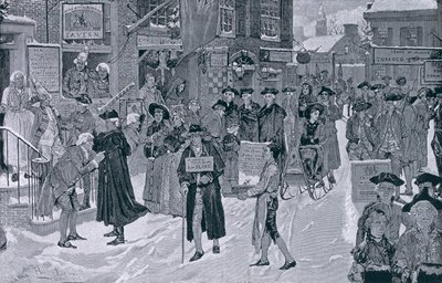 圣诞节早晨在老纽约在革命前，从Harper的每周，酒吧的例证。 1880年12月25日 作者 霍华德·派尔