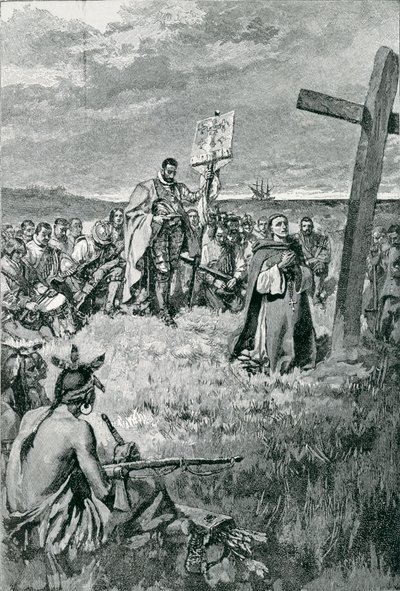 Jacques Cartier（1491-1557）在加斯佩设立十字架，来自Thomas Wentworth Higginson，酒吧的“法国旅行者”插图。在哈珀杂志，1883年 作者 霍华德·派尔