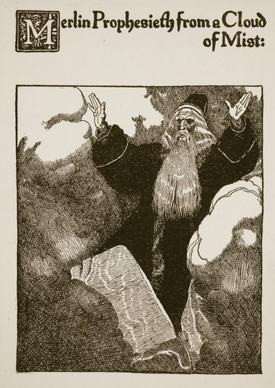 Merlin Prophesieth来自雾云，插图来自“朗塞洛爵士及其同伴的故事”，1907年 作者 霍华德·派尔
