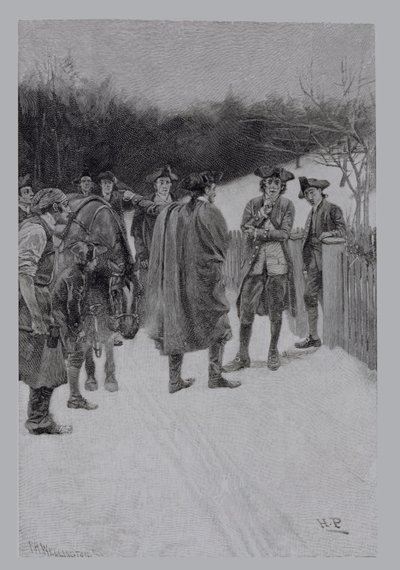 保罗·里维尔（Paul Revere）向沙利文（Sullivan）传来新闻，由惠灵顿（FH Wellington）刻，由巴拉德·史密斯（Ballard Smith）发布的“火药山的火药”。在哈珀杂志，1886年 作者 霍华德·派尔