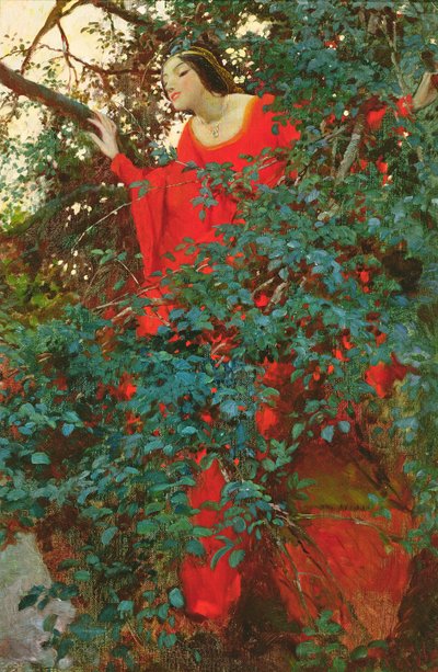 于是，她激动地看到了他，摘自詹姆斯·布兰奇·卡贝尔（James Branch Cabell，1879-1958）的《狐狸画笔》，发表于《哈泼斯月刊》，1905 年 8 月（布面油画） 作者 霍华德·派尔