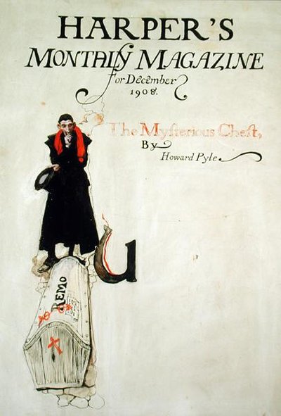 霍华德·派尔 (Howard Pyle) 的《神秘箱子》拉弦板，发表于《哈珀月刊》杂志，1908 年 12 月（钢笔、墨水和水彩纸本） 作者 霍华德·派尔