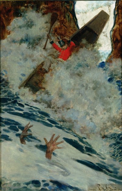 《船和我匆匆从他身边经过》，摘自亚瑟·奎勒-库奇（Arthur Quiller-Couch，1863-1944 年）的《辛巴达 on Burrator》，出版于《斯克里布纳杂志》，1902 年 8 月（布面油画） 作者 霍华德·派尔