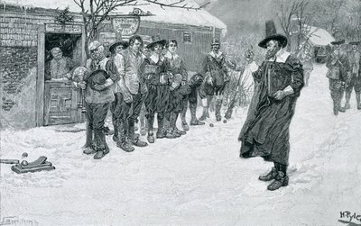 清教徒总督中断圣诞节运动，由J. Bernstrom雕刻，来自George William Curtis，酒吧的“圣诞节”插图。在哈珀杂志，1883年 作者 霍华德·派尔