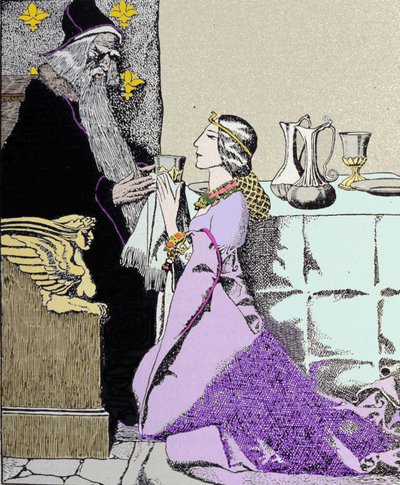 薇薇安的费用吸引了魔法师梅林。 美国插画家 Howard Pyle (1853 - 1911) 的插图 作者 霍华德·派尔