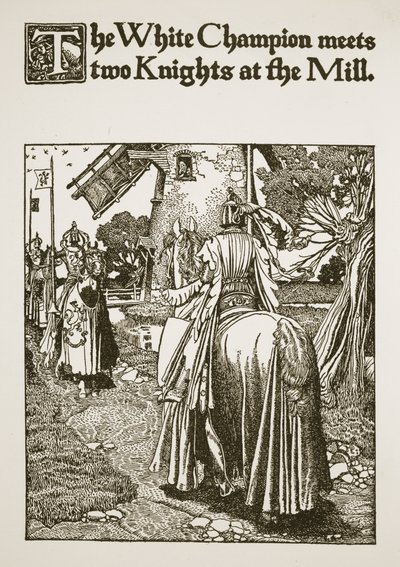 1909年，白色冠军在磨坊遇见了两位骑士，插图来自“亚瑟王的故事和他的骑士” 作者 霍华德·派尔