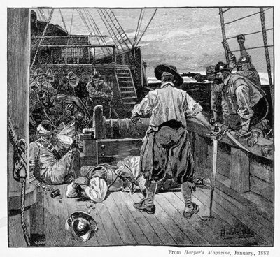 1883年，托马斯·穆恩（Thomas Moon）开始用他的剑（由亨利·沃尔夫（Henry Wolf）雕刻而成，来自哈珀杂志） 作者 霍华德·派尔
