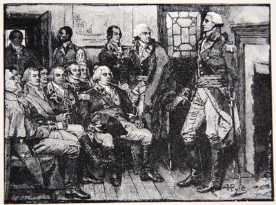 1783年3月15日华盛顿和他的将军进行协商，1883年来自哈珀杂志的插图 作者 霍华德·派尔