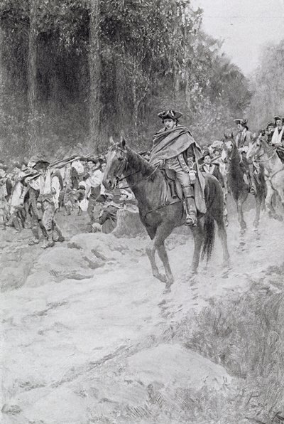 华盛顿从Great Meadows撤退，来自&39;上校华盛顿&39;的插图由Woodrow Wilson，酒吧。在哈珀杂志，1896年 作者 霍华德·派尔