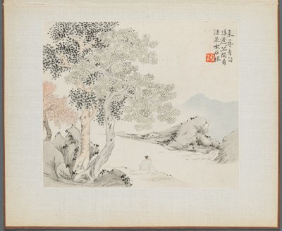 古诗插图山水画集》：  三棵大树，一条小溪，岸边坐着一位老人 作者 Hua Yan