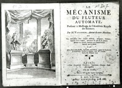 自动机，由Jacques de Vaucanson设计的&39;Le Mecanisme du fluteur automate&39;正面插图，由Francois Vivares雕刻（1709-80）1738 作者 休伯特·弗朗索瓦·格雷夫洛