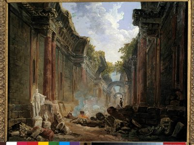 卢浮宫大画廊在废墟中的想象图 休伯特·罗伯特 (1733-1808) 18 世纪的绘画。 0,32x0,4 m。 作者 休伯特·罗伯特